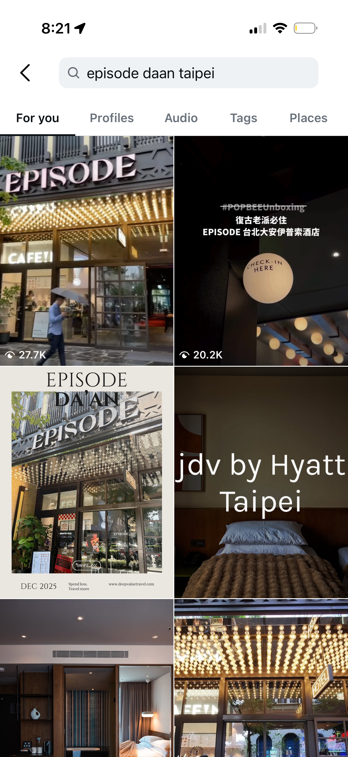 Search results for Episode Daan Taipei showing underwhelming creator content.