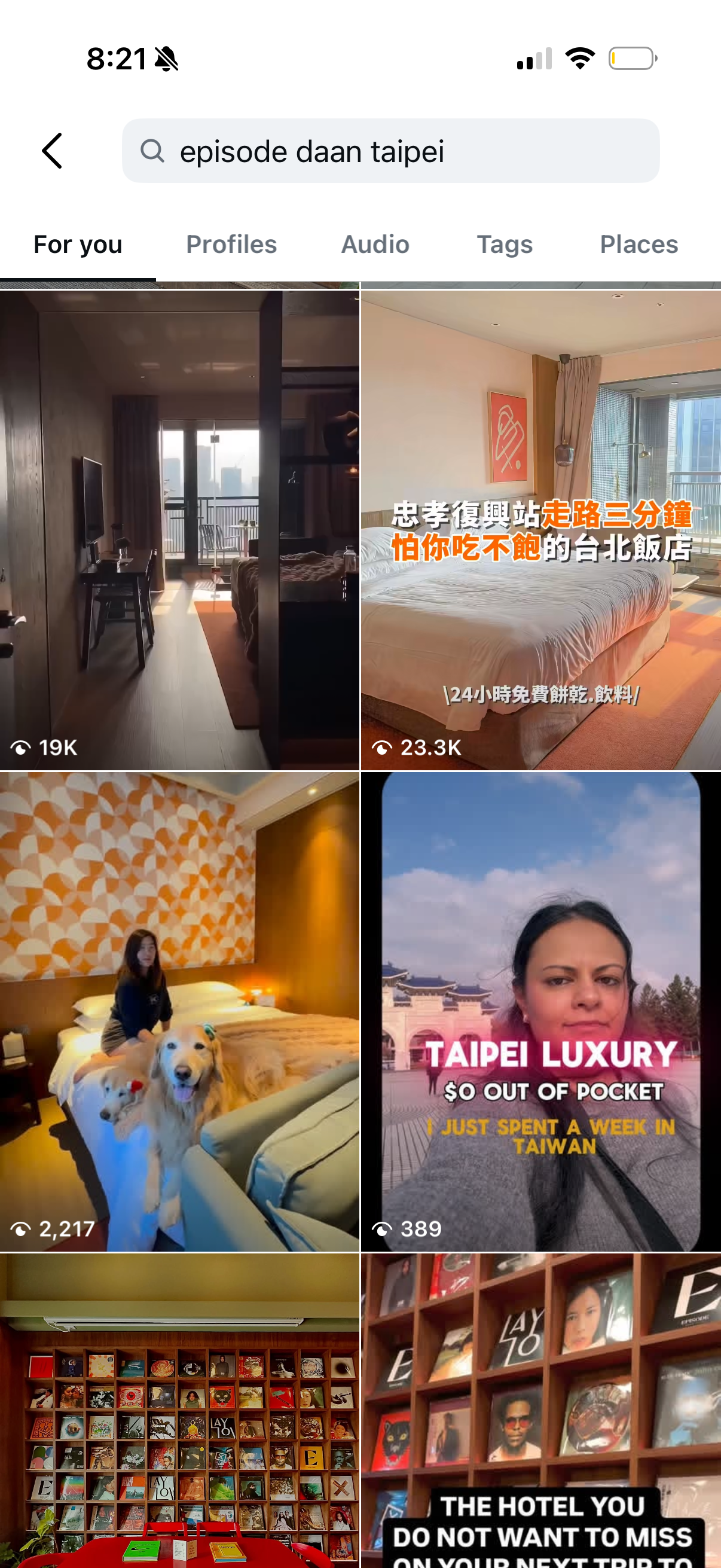 Search results for Episode Daan Taipei showing mixed hotel content and low excitement.